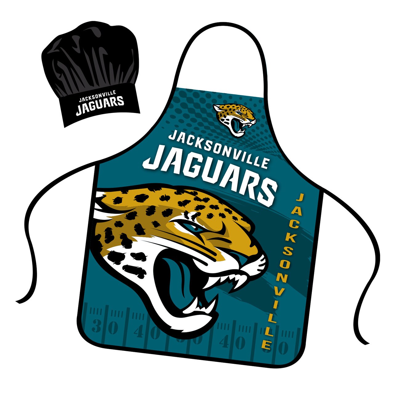 Mojo Licensing Jacksonville Jaguars Apron Chef Hat Set Full Color Universal Size Tie Back Grilling Tailgate BBQ Cooking Host